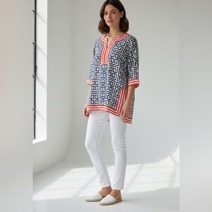 GRETCHEN SCOTT BLUE WHITE & ORANGE TRIM COTTON TUNIC SHIRT EXCELLENT COND XS